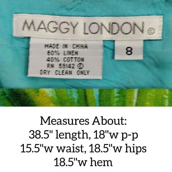 VTG 90s Maggy London Green Tropical Sleeveless Linen Blend Dress Size 8 - Picture 12 of 14